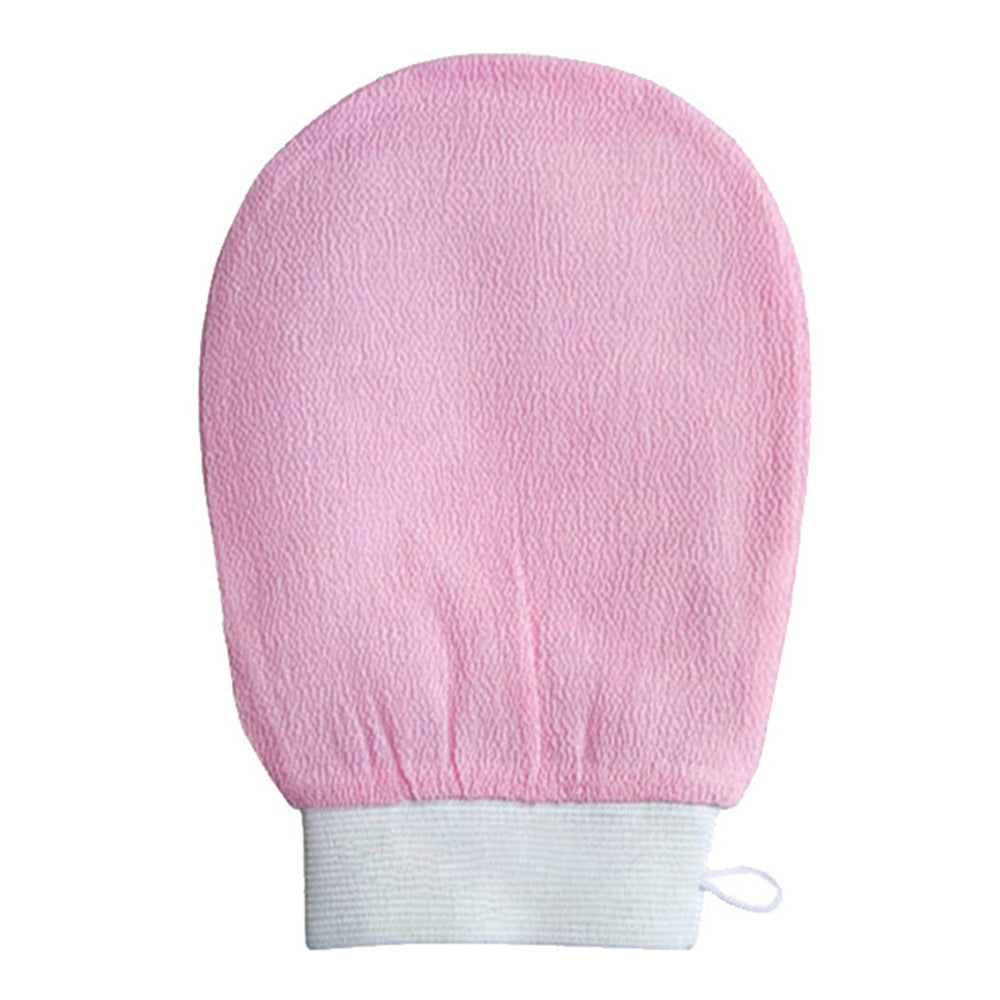 Scrub Exfoliating Gloves for Deep Cleansing & Smooth Skin in pink fabric design.